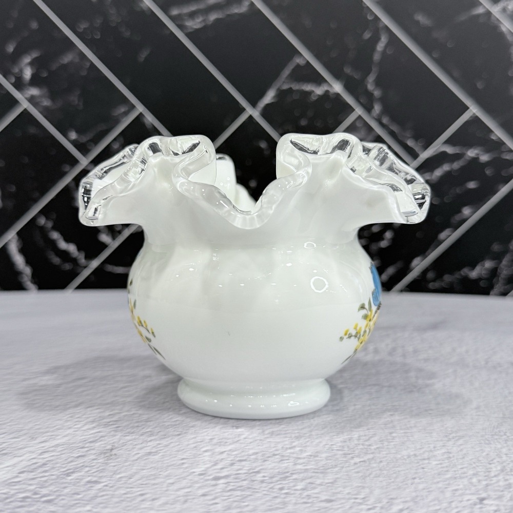 Fenton Silver Crest Vase 4" Hand Painted Blue Yellow Butterflies Signed VTG‎ - Picture 2 of 12